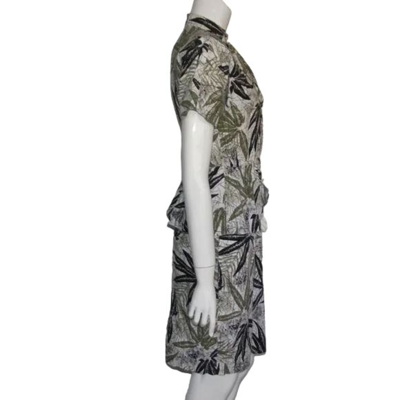 Vintage Dress, XS, Leaf Print, Peplum, Cotton, Off-white/Green, Buttoned top - Picture 11 of 13